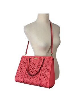 Kate Spade Romy Newbury Lane Caning Purse Satchel Leather Tote Flamingo Coral